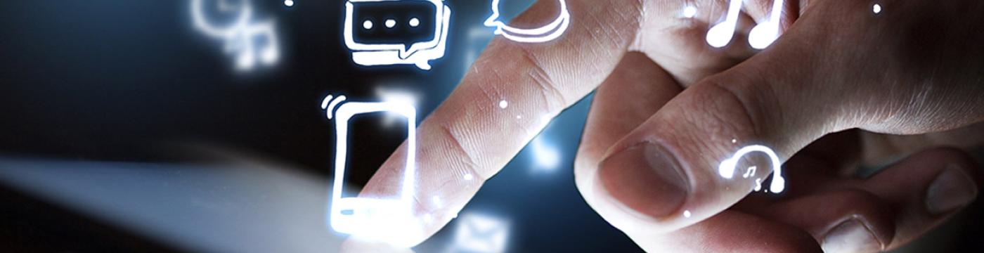 Touching a tablet with floating icons Touching a tablet with floating icons